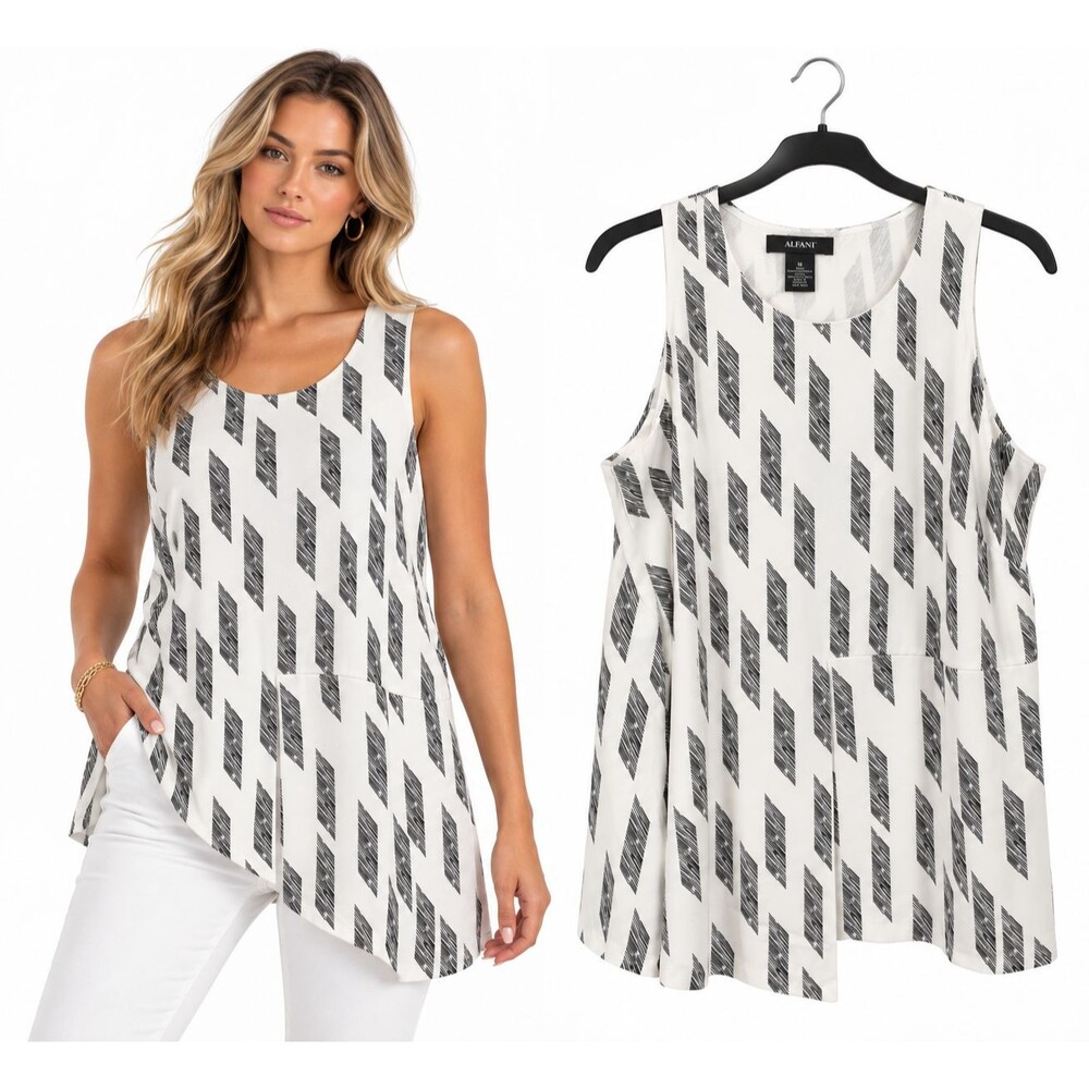 Alfani Sleeveless Blouse Size 16 Black and White Asymmetrical Geometric Pattern